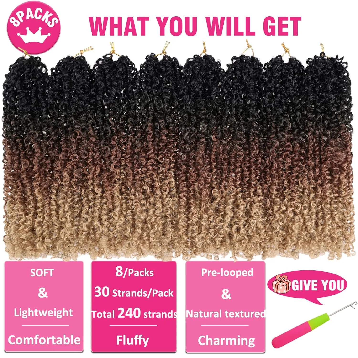 Unionbeauty 12 Inch 8 PCS Yanky Twist Crochet Hair Pre-twisted Micro Passion Twist Crochet Hair Pre-looped Twist Crcochet Braids Hair Ombre Brown with Bouncy Synthetic Braiding Hair Extensions 1B3027#