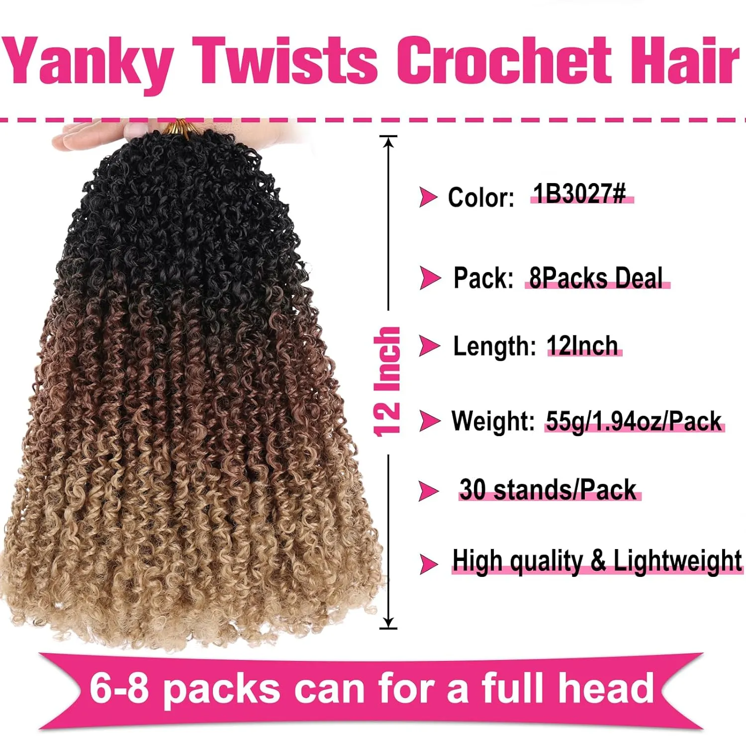Unionbeauty 12 Inch 8 PCS Yanky Twist Crochet Hair Pre-twisted Micro Passion Twist Crochet Hair Pre-looped Twist Crcochet Braids Hair Ombre Brown with Bouncy Synthetic Braiding Hair Extensions 1B3027#