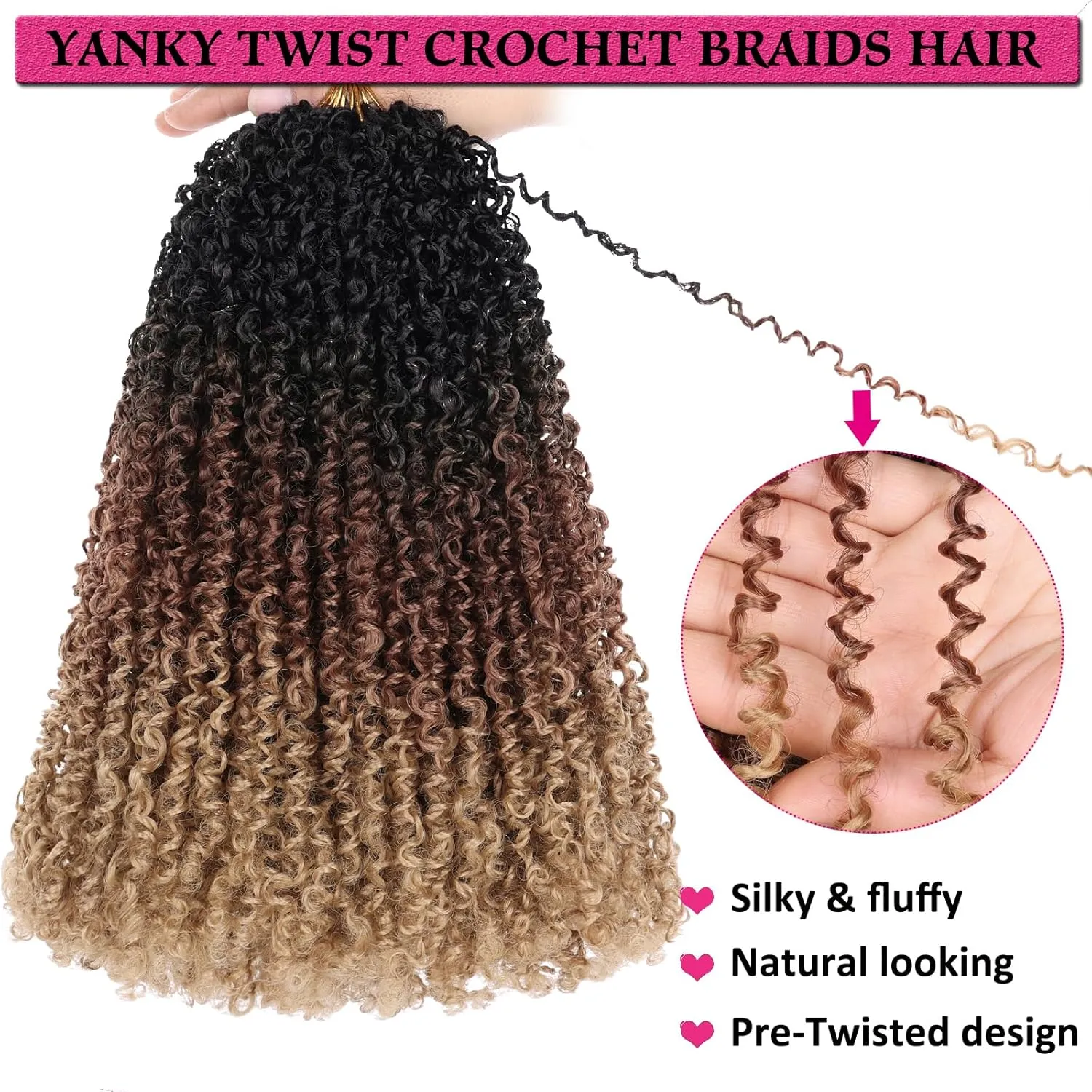 Unionbeauty 12 Inch 8 PCS Yanky Twist Crochet Hair Pre-twisted Micro Passion Twist Crochet Hair Pre-looped Twist Crcochet Braids Hair Ombre Brown with Bouncy Synthetic Braiding Hair Extensions 1B3027#