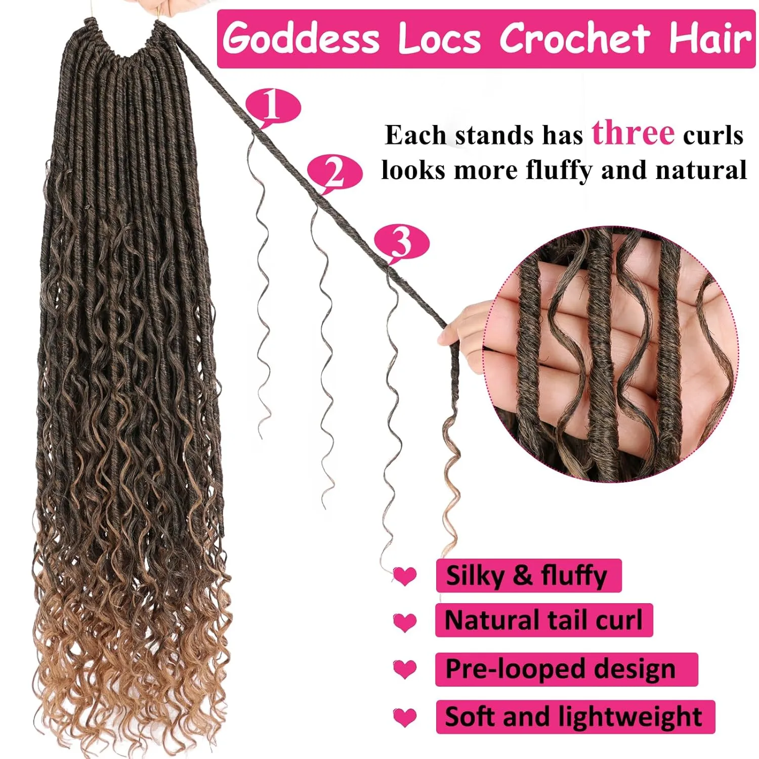 Unionbeauty 30 Inch 9 Packs Pre-looped Boho Faux Locs Crochet Hair with Curly Ends Goddess Locs Crochet Hair Ombre Golden River Locs Crochet Braids Synthetic Crochet Hair Extensions T27#