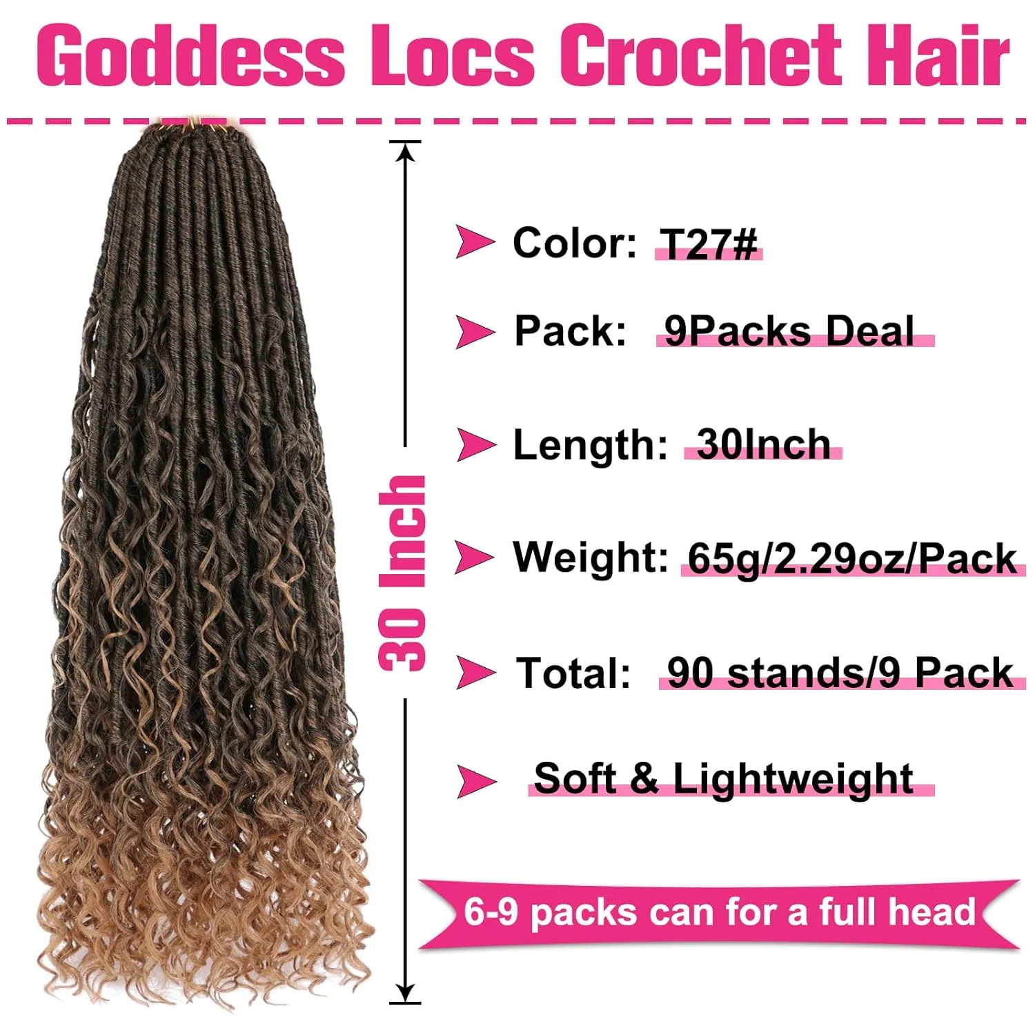 Unionbeauty 30 Inch 9 Packs Pre-looped Boho Faux Locs Crochet Hair with Curly Ends Goddess Locs Crochet Hair Ombre Golden River Locs Crochet Braids Synthetic Crochet Hair Extensions T27#