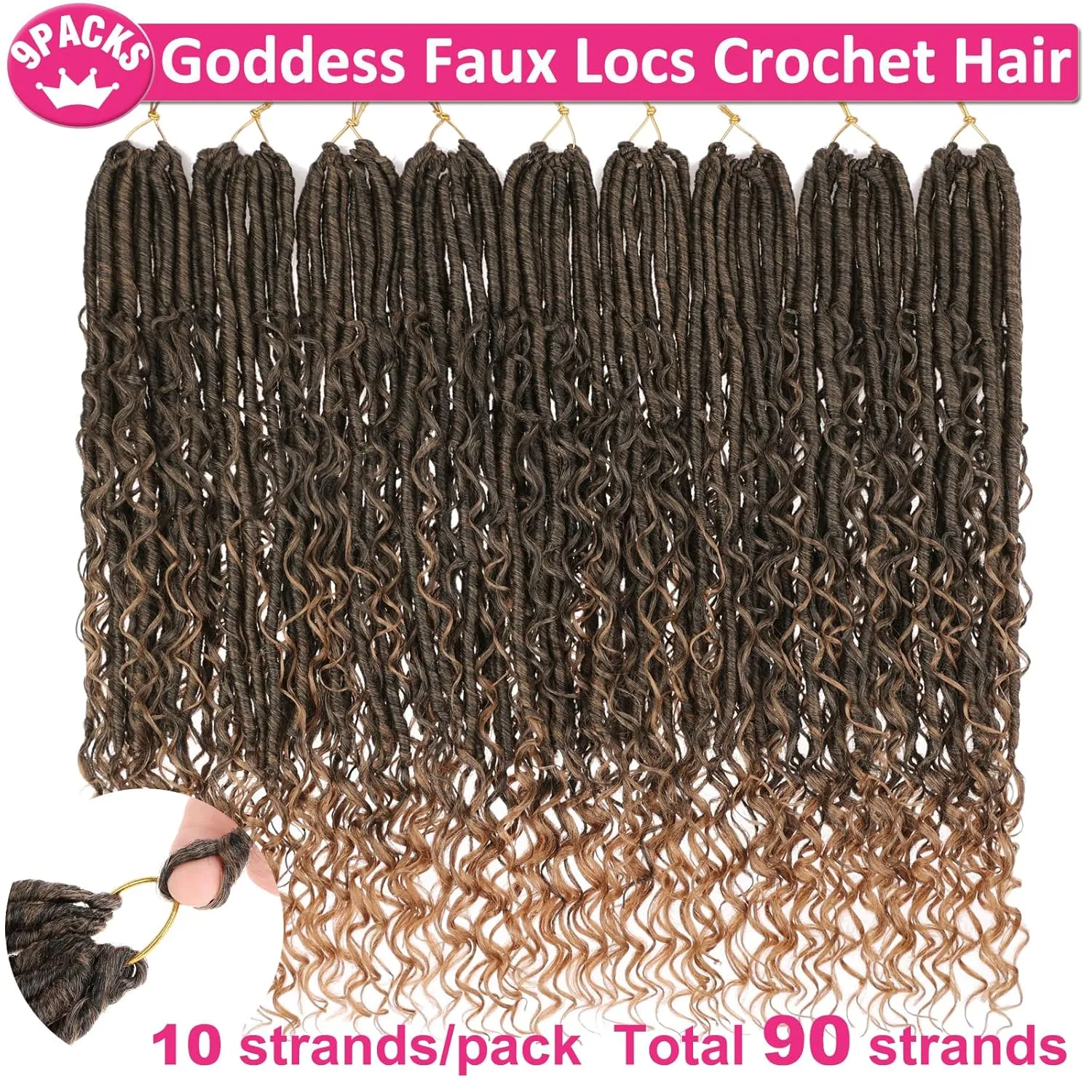 Unionbeauty 30 Inch 9 Packs Pre-looped Boho Faux Locs Crochet Hair with Curly Ends Goddess Locs Crochet Hair Ombre Golden River Locs Crochet Braids Synthetic Crochet Hair Extensions T27#