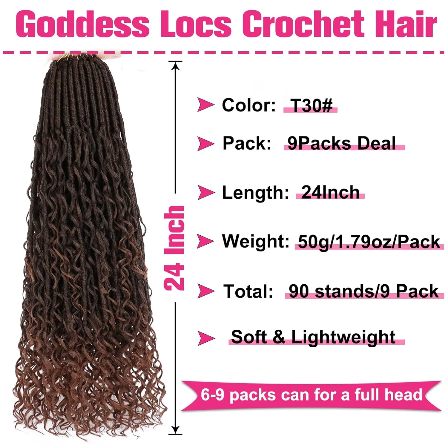 Unionbeauty 9 Packs 24 Inch Goddess Locs Crochet Hair Ombre Brown Pre looped Boho Goddess Faux Locs Crochet Hair with Curly Ends River Locs Crochet Braids Synthetic Crochet Hair Extensions T30#