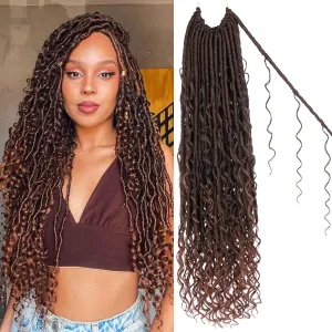 Unionbeauty 9 Packs 24 Inch Goddess Locs Crochet Hair Ombre Brown Pre looped Boho Goddess Faux Locs Crochet Hair with Curly Ends River Locs Crochet Braids Synthetic Crochet Hair Extensions T30#