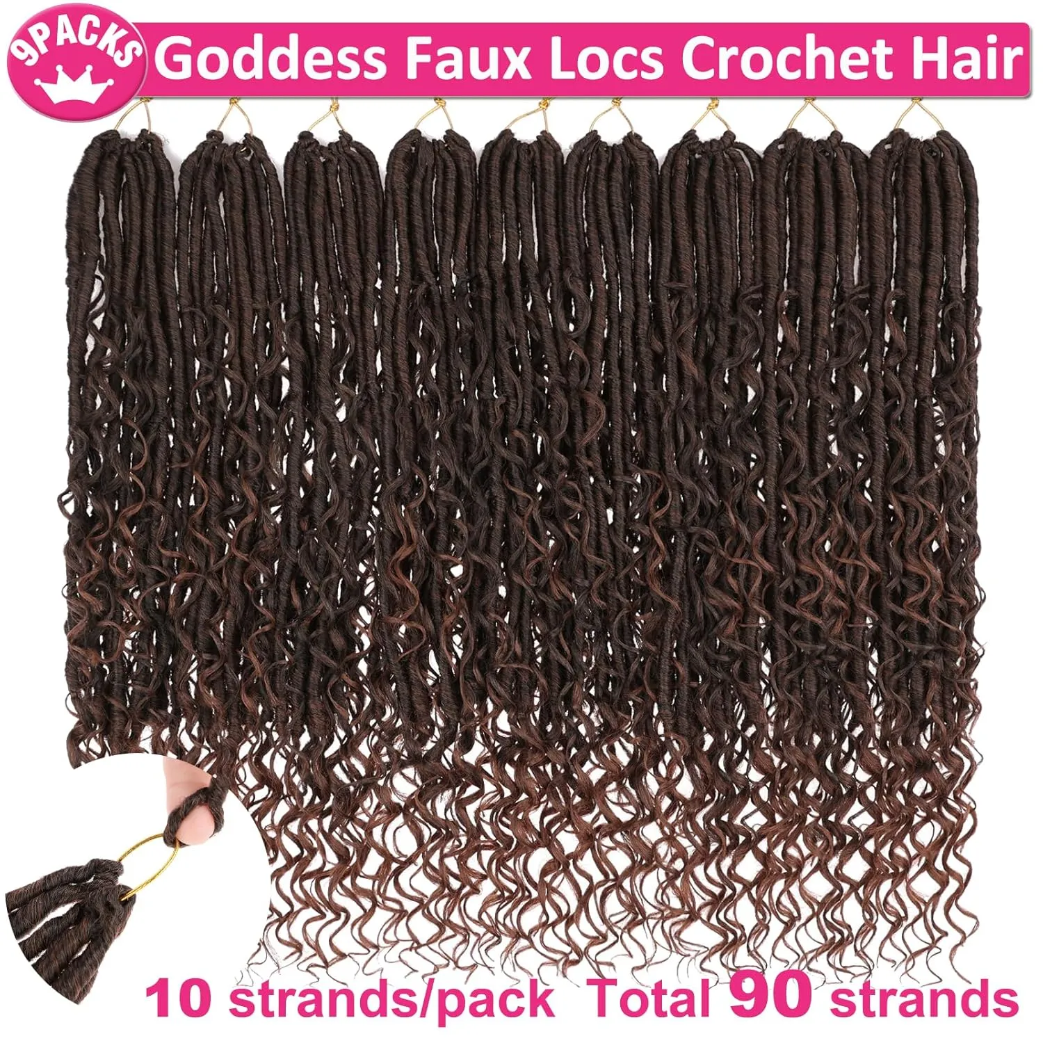 Unionbeauty 9 Packs 24 Inch Goddess Locs Crochet Hair Ombre Brown Pre looped Boho Goddess Faux Locs Crochet Hair with Curly Ends River Locs Crochet Braids Synthetic Crochet Hair Extensions T30#