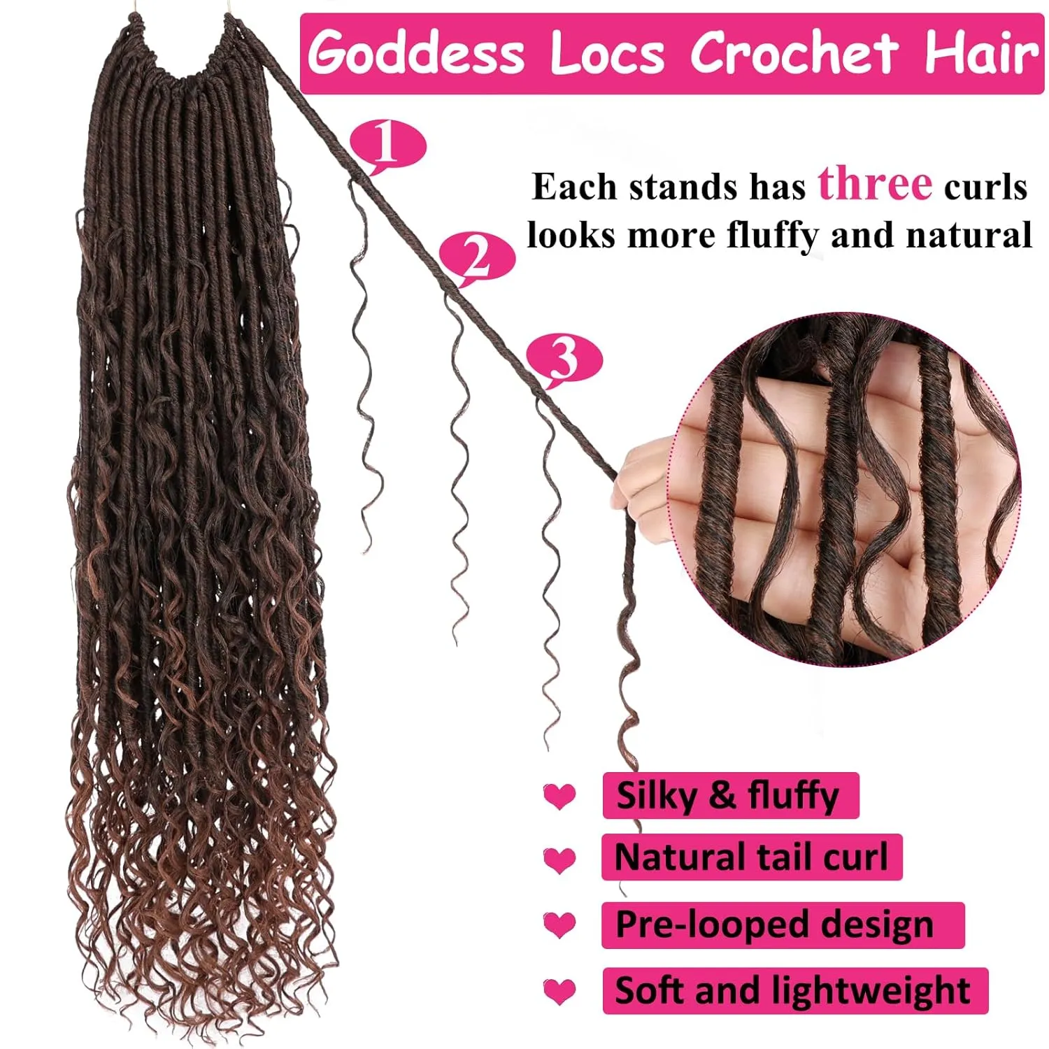 Unionbeauty 9 Packs 24 Inch Goddess Locs Crochet Hair Ombre Brown Pre looped Boho Goddess Faux Locs Crochet Hair with Curly Ends River Locs Crochet Braids Synthetic Crochet Hair Extensions T30#