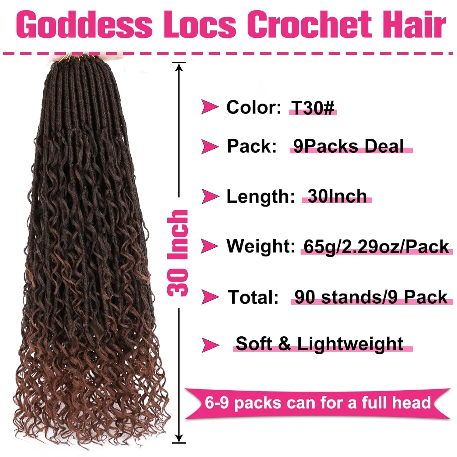 Unionbeauty 9 Packs 30 Inch Goddess Locs Crochet Hair Ombre Brown Pre looped Boho Goddess Faux Locs Crochet Hair with Curly Ends River Locs Crochet Braids Synthetic Crochet Hair Extensions T30#