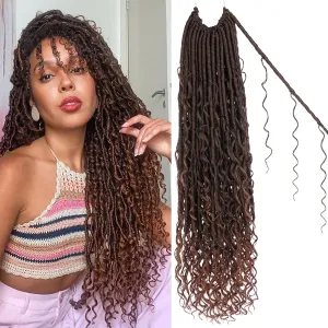 Unionbeauty 9 Packs 30 Inch Goddess Locs Crochet Hair Ombre Brown Pre looped Boho Goddess Faux Locs Crochet Hair with Curly Ends River Locs Crochet Braids Synthetic Crochet Hair Extensions T30#