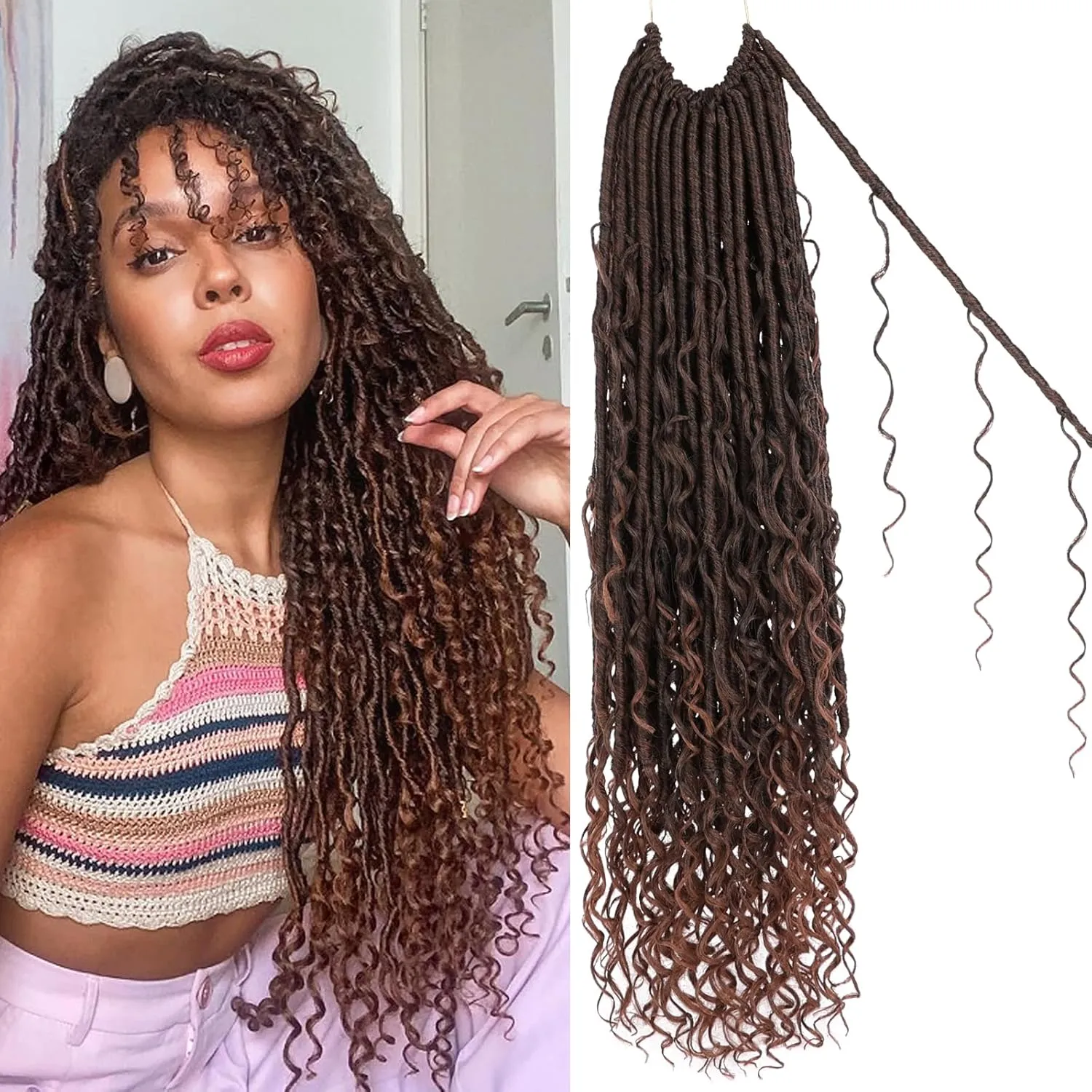 Unionbeauty 9 Packs 30 Inch Goddess Locs Crochet Hair Ombre Brown Pre looped Boho Goddess Faux Locs Crochet Hair with Curly Ends River Locs Crochet Braids Synthetic Crochet Hair Extensions T30#