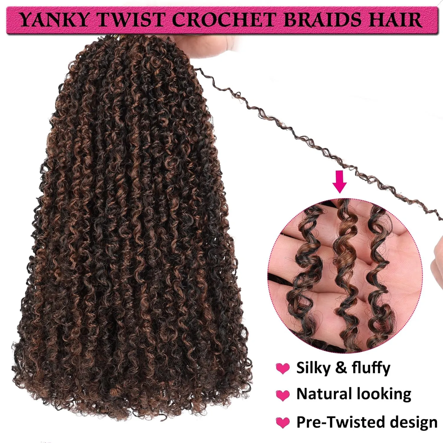 Unionbeauty Pre-twisted Yanky Twist Crochet Braids Hair 12 Inch 8 Packs Pre-looped Spring Twists Hair with Bouncy Ombre Brown Micro Passion Twists Hair Synthetic Crochet Braids Hair Extensions 1BH30#