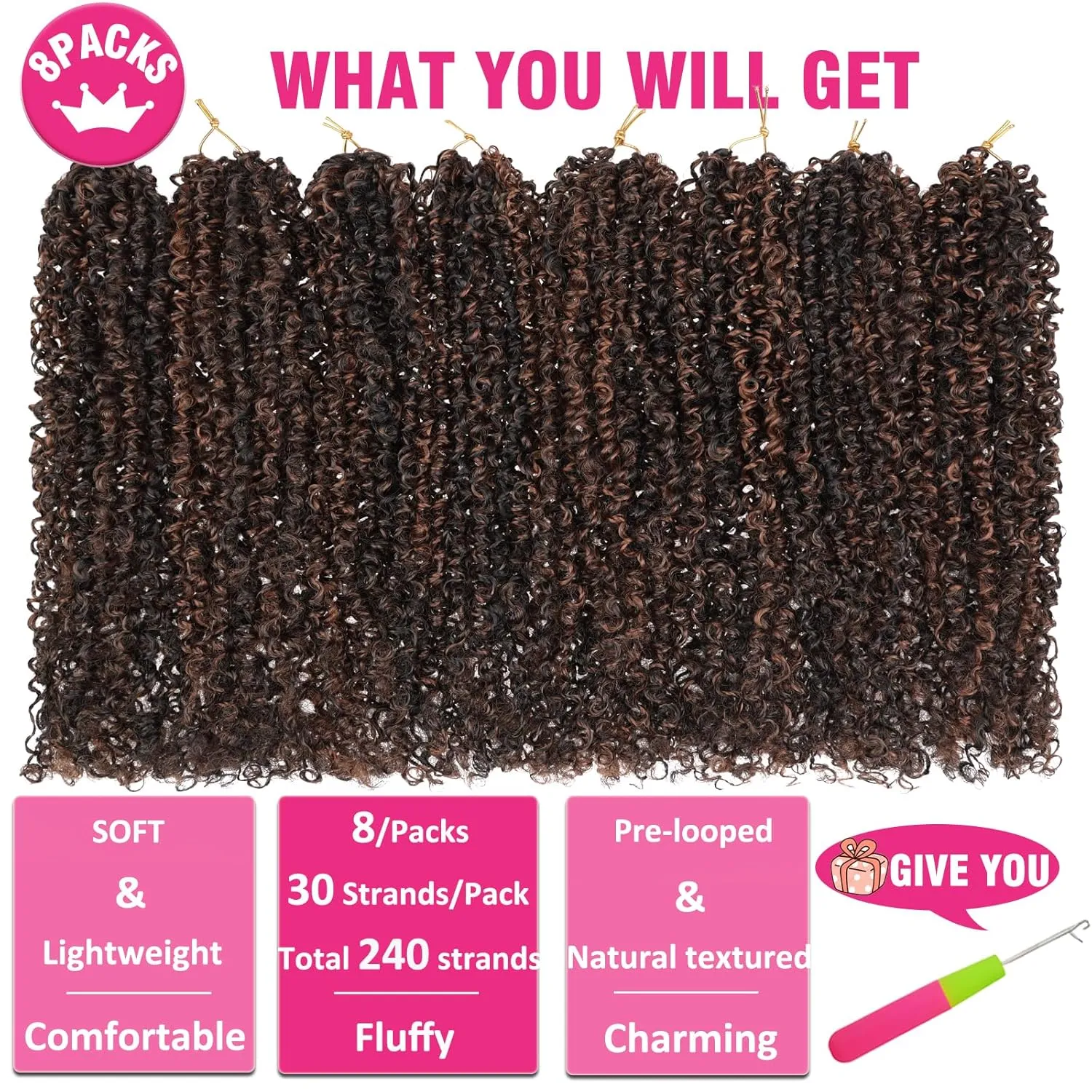 Unionbeauty Pre-twisted Yanky Twist Crochet Braids Hair 12 Inch 8 Packs Pre-looped Spring Twists Hair with Bouncy Ombre Brown Micro Passion Twists Hair Synthetic Crochet Braids Hair Extensions 1BH30#