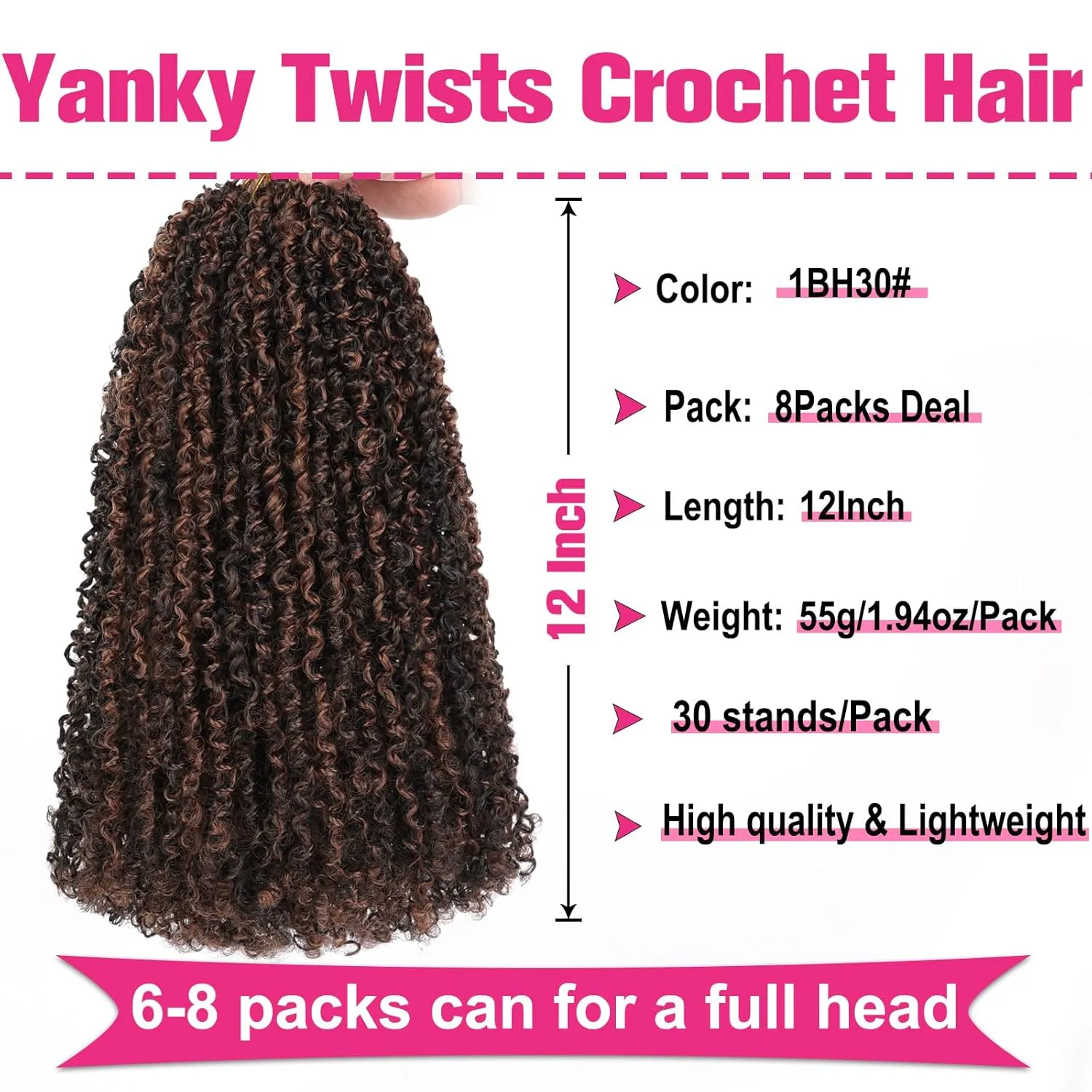 Unionbeauty Pre-twisted Yanky Twist Crochet Braids Hair 12 Inch 8 Packs Pre-looped Spring Twists Hair with Bouncy Ombre Brown Micro Passion Twists Hair Synthetic Crochet Braids Hair Extensions 1BH30#