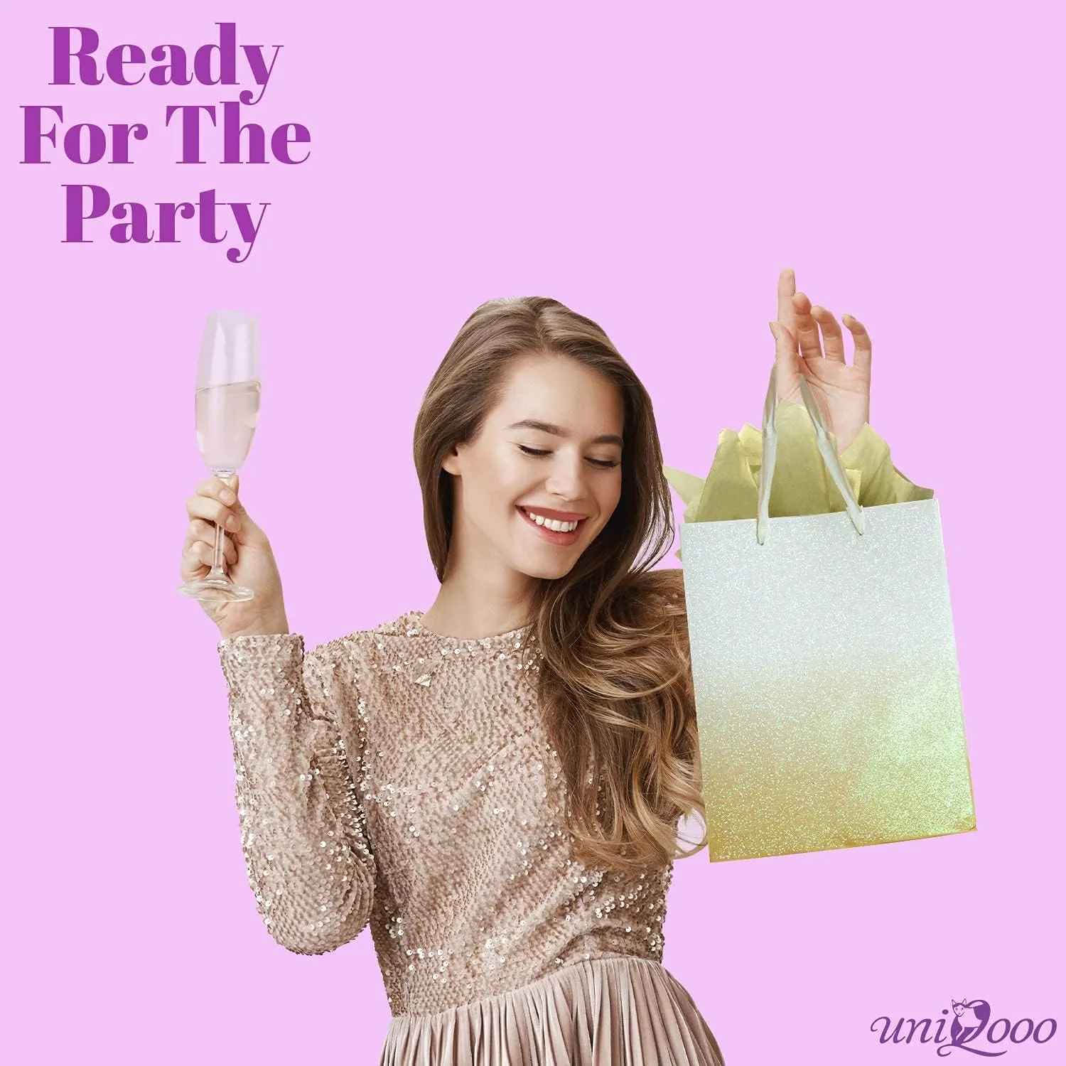 UNIQOOO 12Pcs Ombre Gold Gift Bags with 24 Tissue Paper, 9x7x4 In, Gradient Gold Glitter Paper Gift Wrap Bag, Recyclable Gift Packaging for Wedding Birthday Mother's Day Baby Shower Party Favor Décor