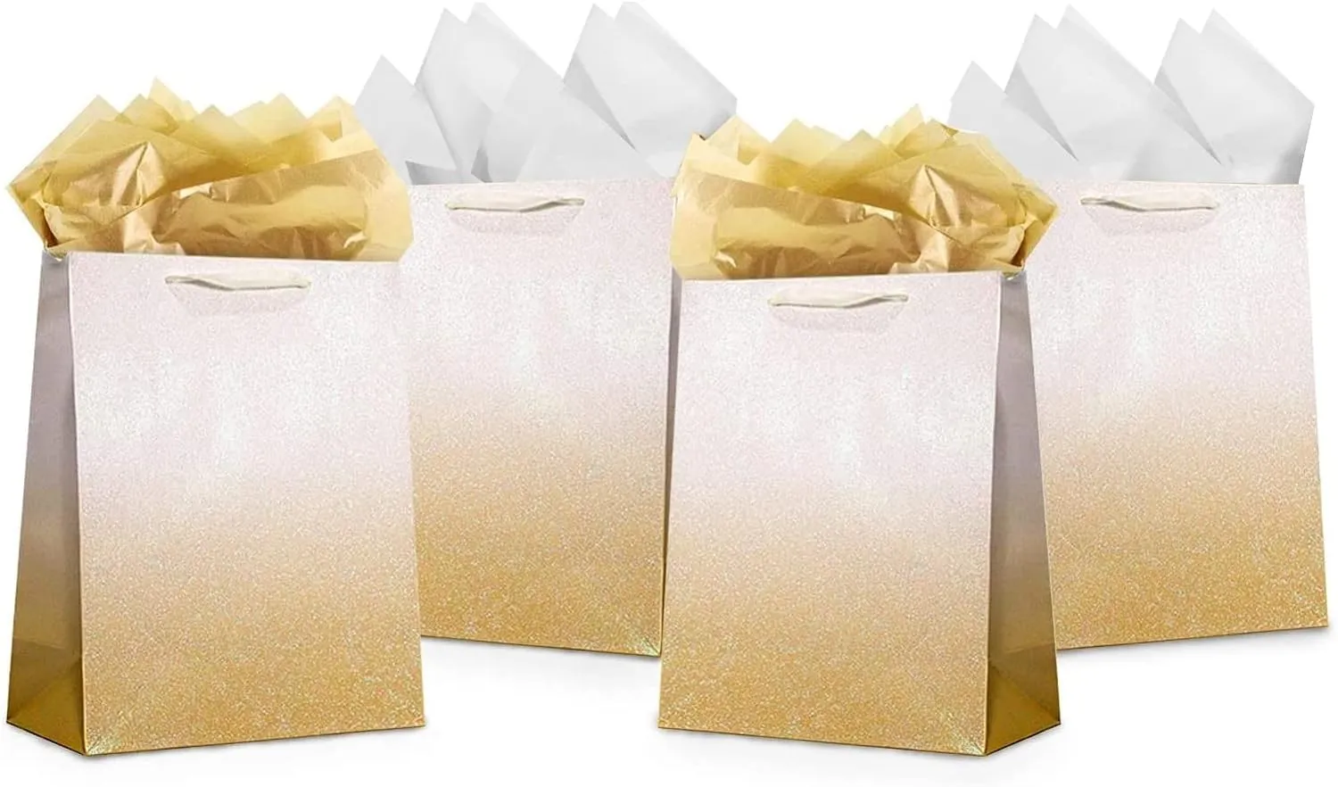 UNIQOOO 12Pcs Ombre Gold Gift Bags with 24 Tissue Paper, 9x7x4 In, Gradient Gold Glitter Paper Gift Wrap Bag, Recyclable Gift Packaging for Wedding Birthday Mother's Day Baby Shower Party Favor Décor