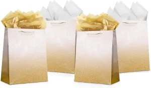 UNIQOOO 12Pcs Ombre Gold Gift Bags with 24 Tissue Paper, 9x7x4 In, Gradient Gold Glitter Paper Gift Wrap Bag, Recyclable Gift Packaging for Wedding Birthday Mother's Day Baby Shower Party Favor Décor