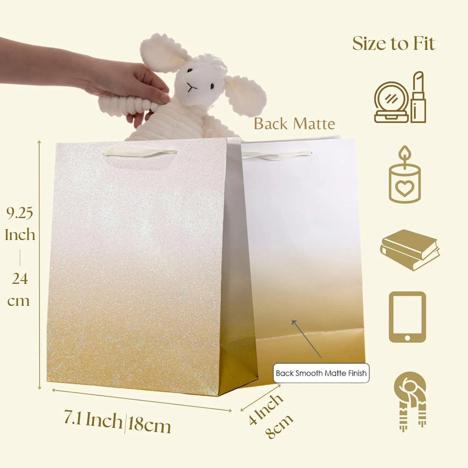 UNIQOOO 12Pcs Ombre Gold Gift Bags with 24 Tissue Paper, 9x7x4 In, Gradient Gold Glitter Paper Gift Wrap Bag, Recyclable Gift Packaging for Wedding Birthday Mother's Day Baby Shower Party Favor Décor