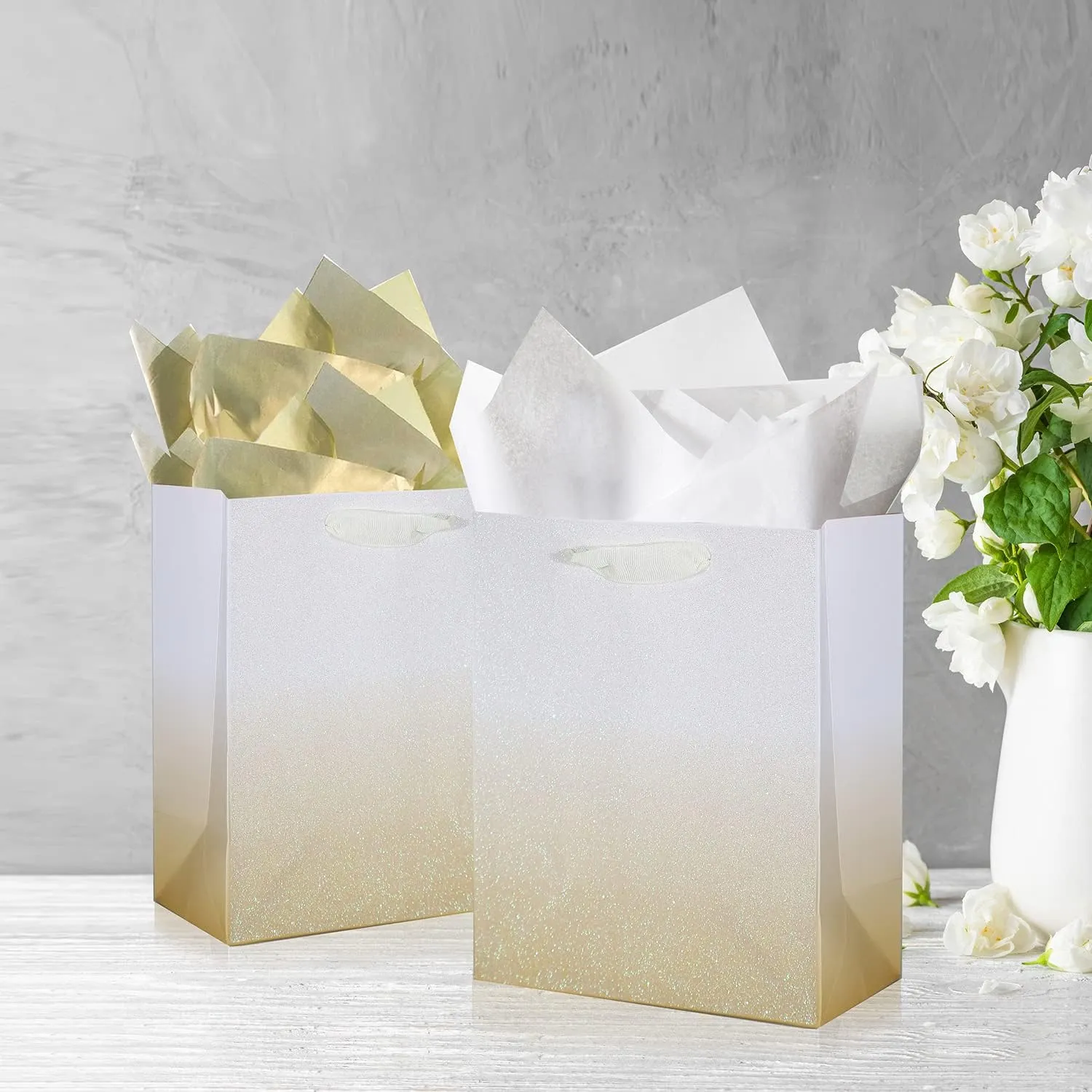 UNIQOOO 12Pcs Ombre Gold Gift Bags with 24 Tissue Paper, 9x7x4 In, Gradient Gold Glitter Paper Gift Wrap Bag, Recyclable Gift Packaging for Wedding Birthday Mother's Day Baby Shower Party Favor Décor