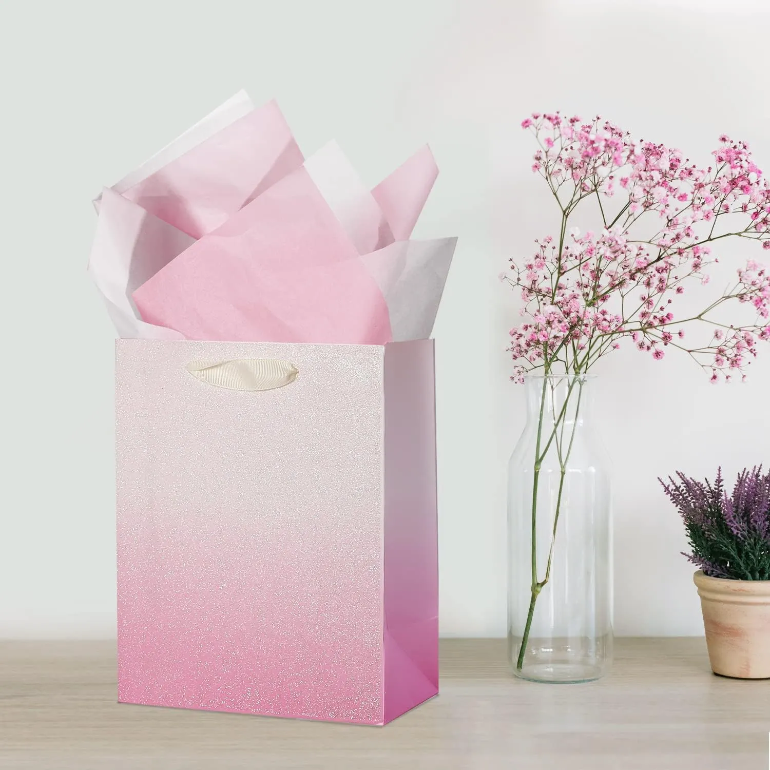 UNIQOOO 12Pcs Pink Glitter Ombre Gift Bags Bulk, 100% Recyclable Gift Wrapping Paper Bags, for Bridal Baby Shower, Wedding Birthday Party Favor Thank You Bag, Easter, Mother's Day, Medium 9x7x4 inch