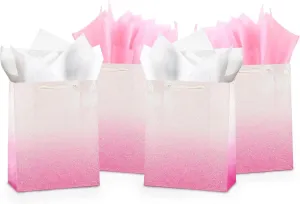 UNIQOOO 12Pcs Pink Glitter Ombre Gift Bags Bulk, 100% Recyclable Gift Wrapping Paper Bags, for Bridal Baby Shower, Wedding Birthday Party Favor Thank You Bag, Easter, Mother's Day, Medium 9x7x4 inch