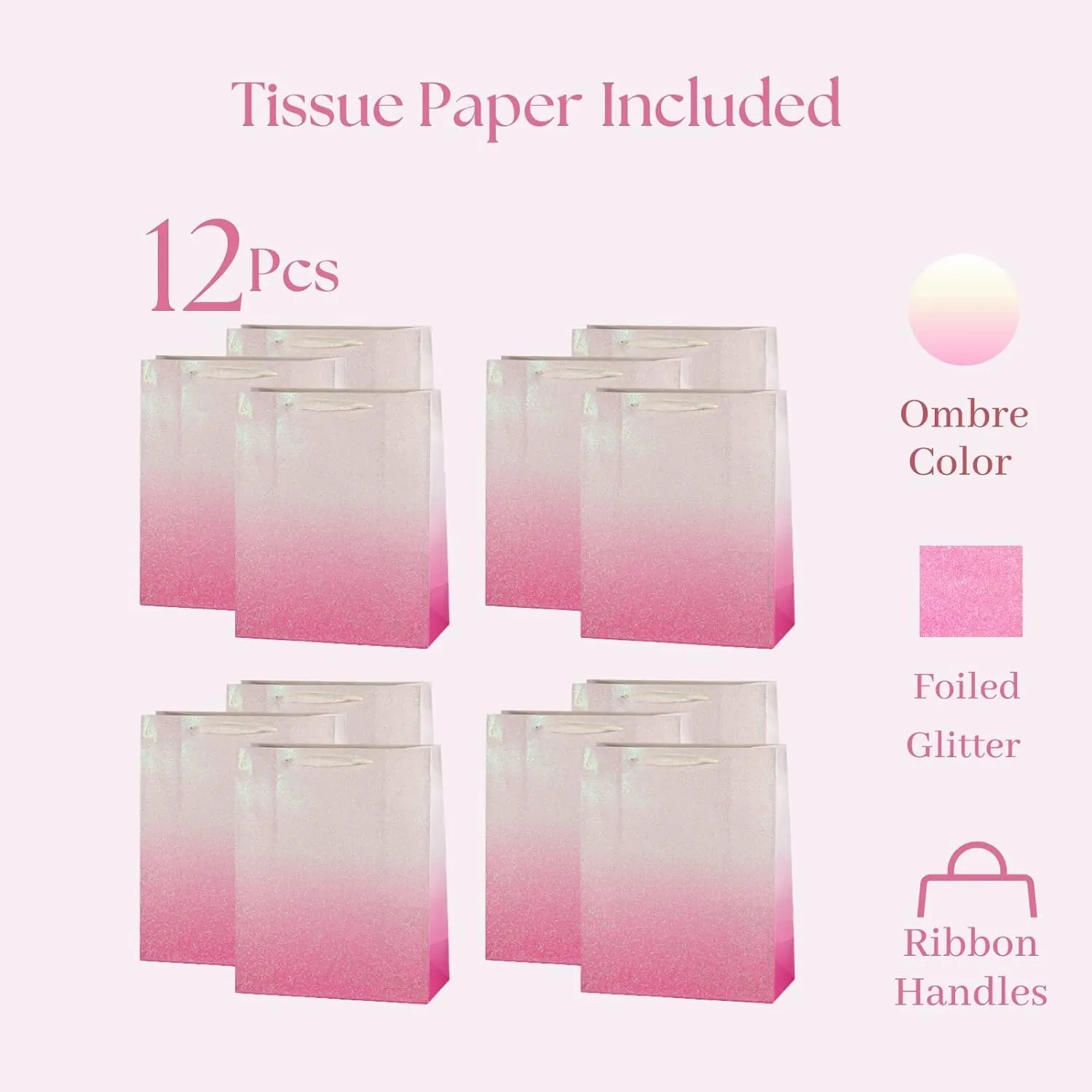 UNIQOOO 12Pcs Pink Glitter Ombre Gift Bags Bulk, 100% Recyclable Gift Wrapping Paper Bags, for Bridal Baby Shower, Wedding Birthday Party Favor Thank You Bag, Easter, Mother's Day, Medium 9x7x4 inch