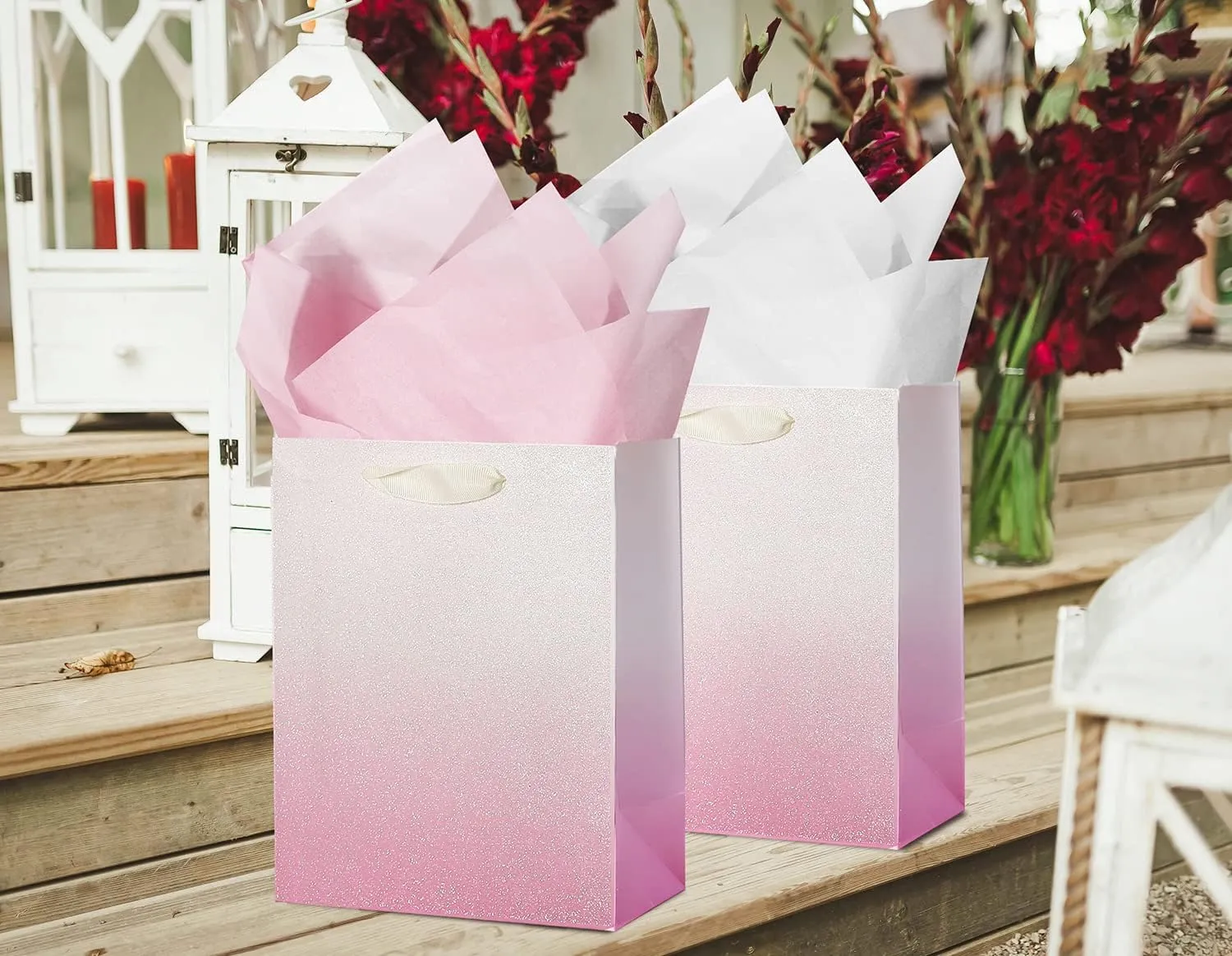 UNIQOOO 12Pcs Pink Glitter Ombre Gift Bags Bulk, 100% Recyclable Gift Wrapping Paper Bags, for Bridal Baby Shower, Wedding Birthday Party Favor Thank You Bag, Easter, Mother's Day, Medium 9x7x4 inch