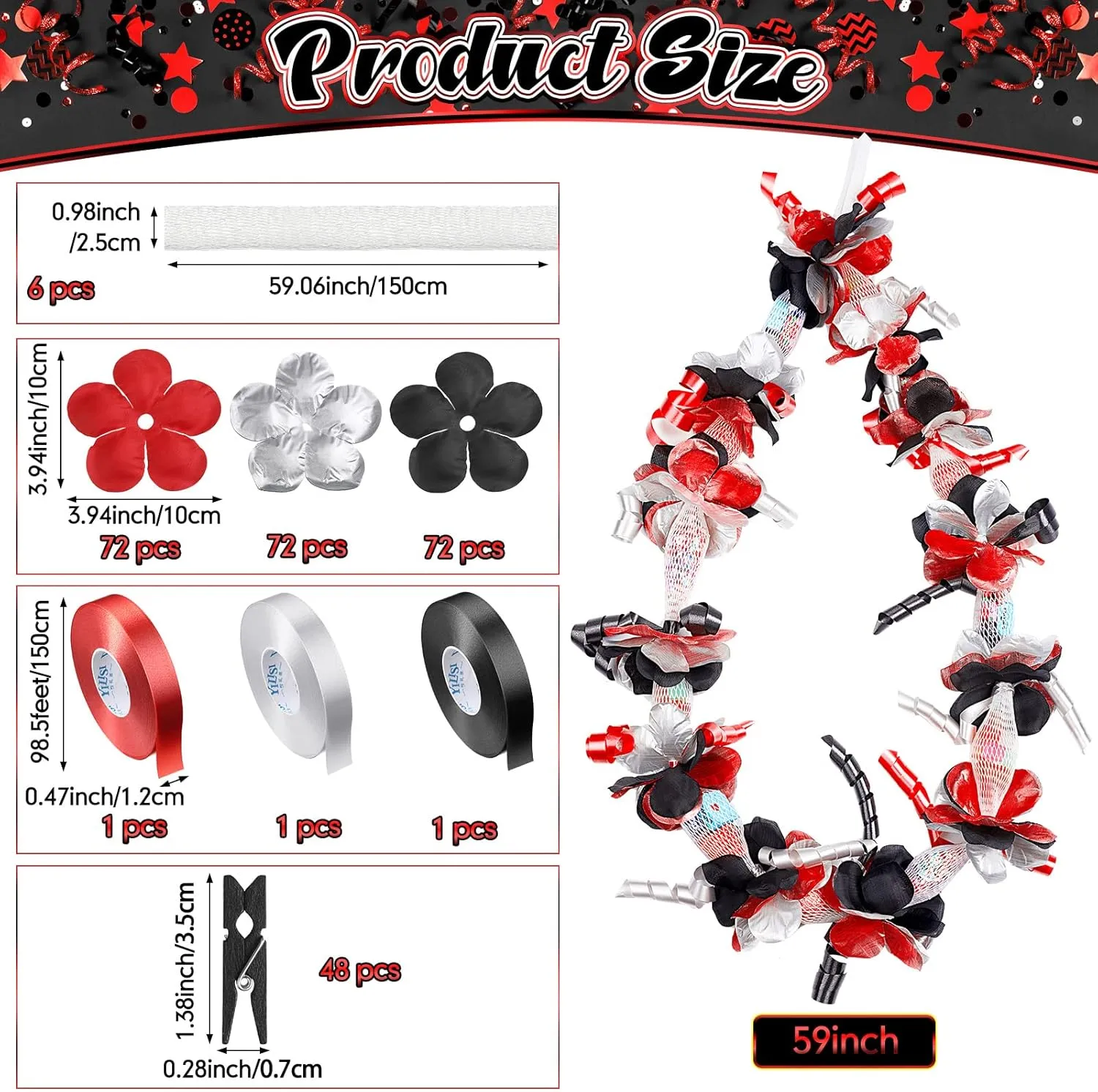 Unittype 6 Sets 2025 Graduation Candy Lei Making Kit DIY Lei Netting Tubing Include 5 ft Mesh Bag 3 Rolls of 98 ft Ribbon 216 Pcs Flower Pieces for Grad Party Supplies(Red, Silver Gray, Black)