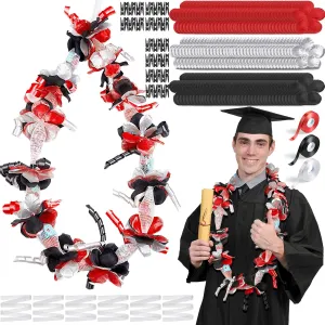 Unittype 6 Sets 2025 Graduation Candy Lei Making Kit DIY Lei Netting Tubing Include 5 ft Mesh Bag 3 Rolls of 98 ft Ribbon 216 Pcs Flower Pieces for Grad Party Supplies(Red, Silver Gray, Black)