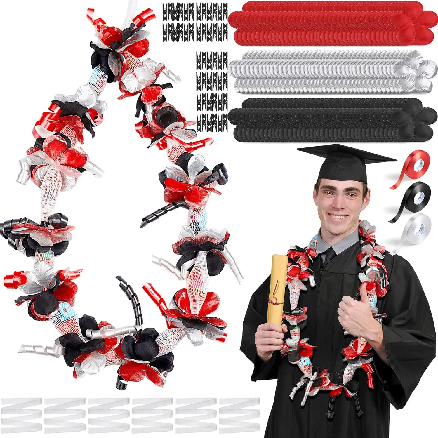 Unittype 6 Sets 2025 Graduation Candy Lei Making Kit DIY Lei Netting Tubing Include 5 ft Mesh Bag 3 Rolls of 98 ft Ribbon 216 Pcs Flower Pieces for Grad Party Supplies(Red, Silver Gray, Black)