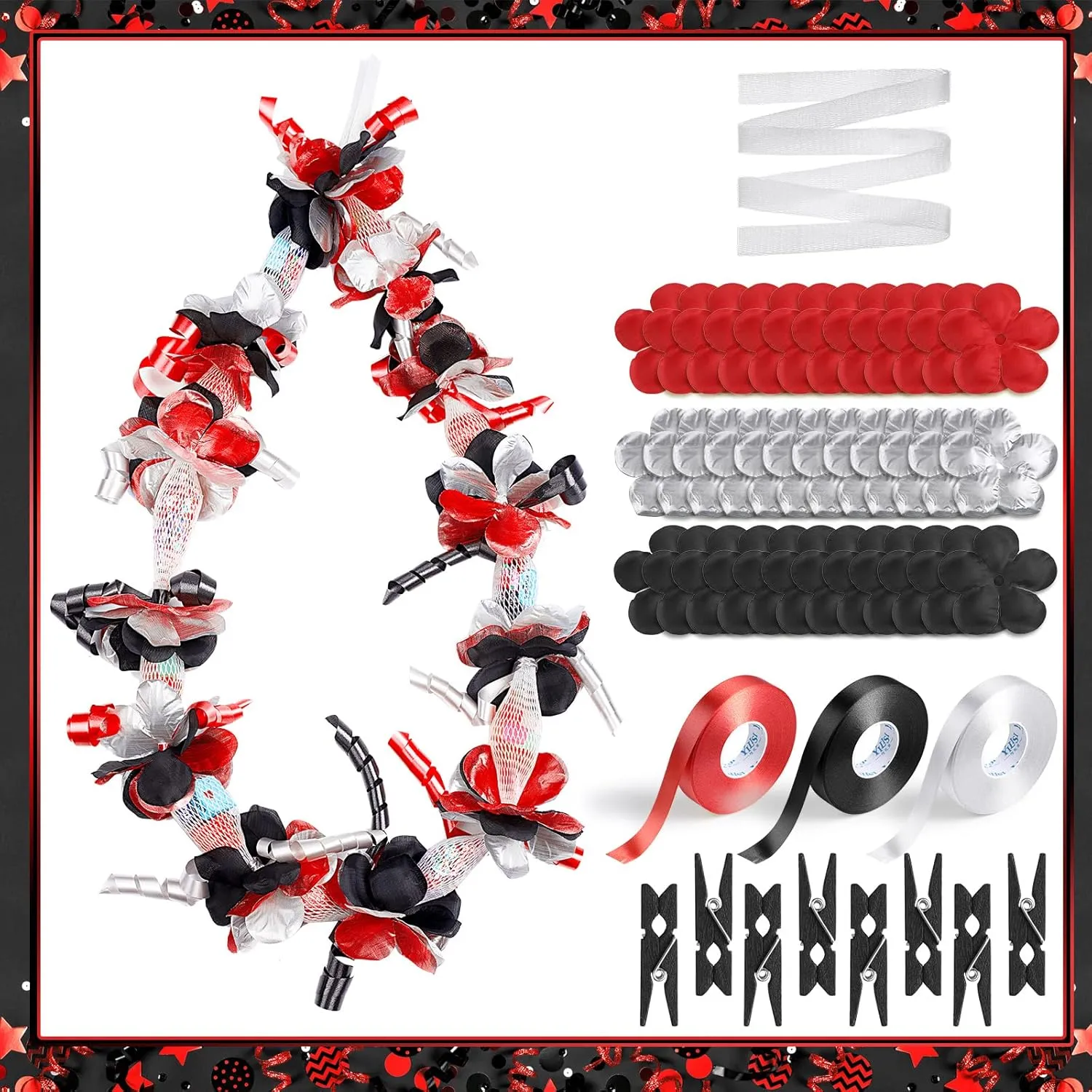 Unittype 6 Sets 2025 Graduation Candy Lei Making Kit DIY Lei Netting Tubing Include 5 ft Mesh Bag 3 Rolls of 98 ft Ribbon 216 Pcs Flower Pieces for Grad Party Supplies(Red, Silver Gray, Black)