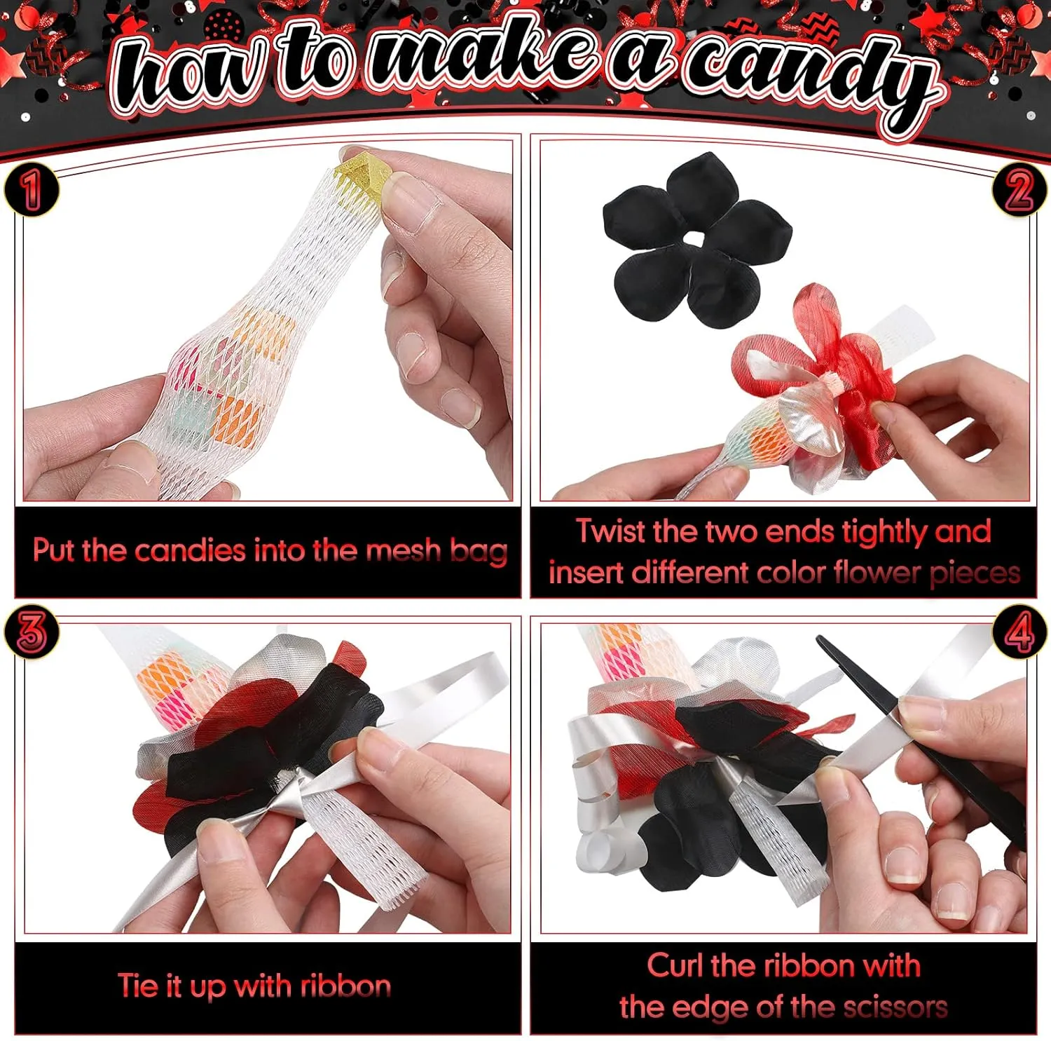Unittype 6 Sets 2025 Graduation Candy Lei Making Kit DIY Lei Netting Tubing Include 5 ft Mesh Bag 3 Rolls of 98 ft Ribbon 216 Pcs Flower Pieces for Grad Party Supplies(Red, Silver Gray, Black)