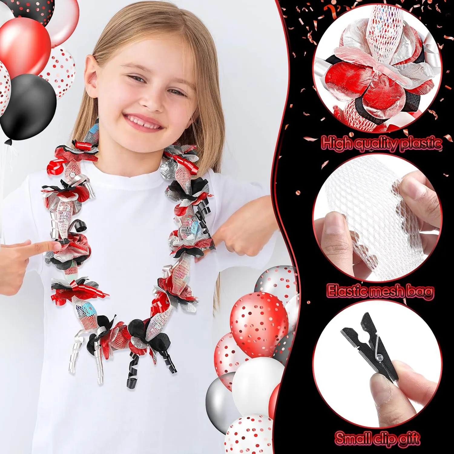 Unittype 6 Sets 2025 Graduation Candy Lei Making Kit DIY Lei Netting Tubing Include 5 ft Mesh Bag 3 Rolls of 98 ft Ribbon 216 Pcs Flower Pieces for Grad Party Supplies(Red, Silver Gray, Black)