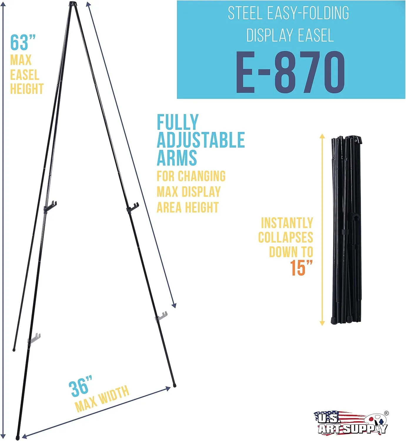 U.S. Art Supply 63" High Metal Folding Display Easel - Adjustable Height, Instantly Collapses, Holds 5 lbs - Portable Art Easel Stand - for Sign, Poster, Canvas, Painting, Picture Display