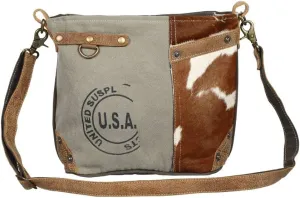 USA Stamp Upcycled Canvas and Hair-On Cowhide Leather Crossbody Bag