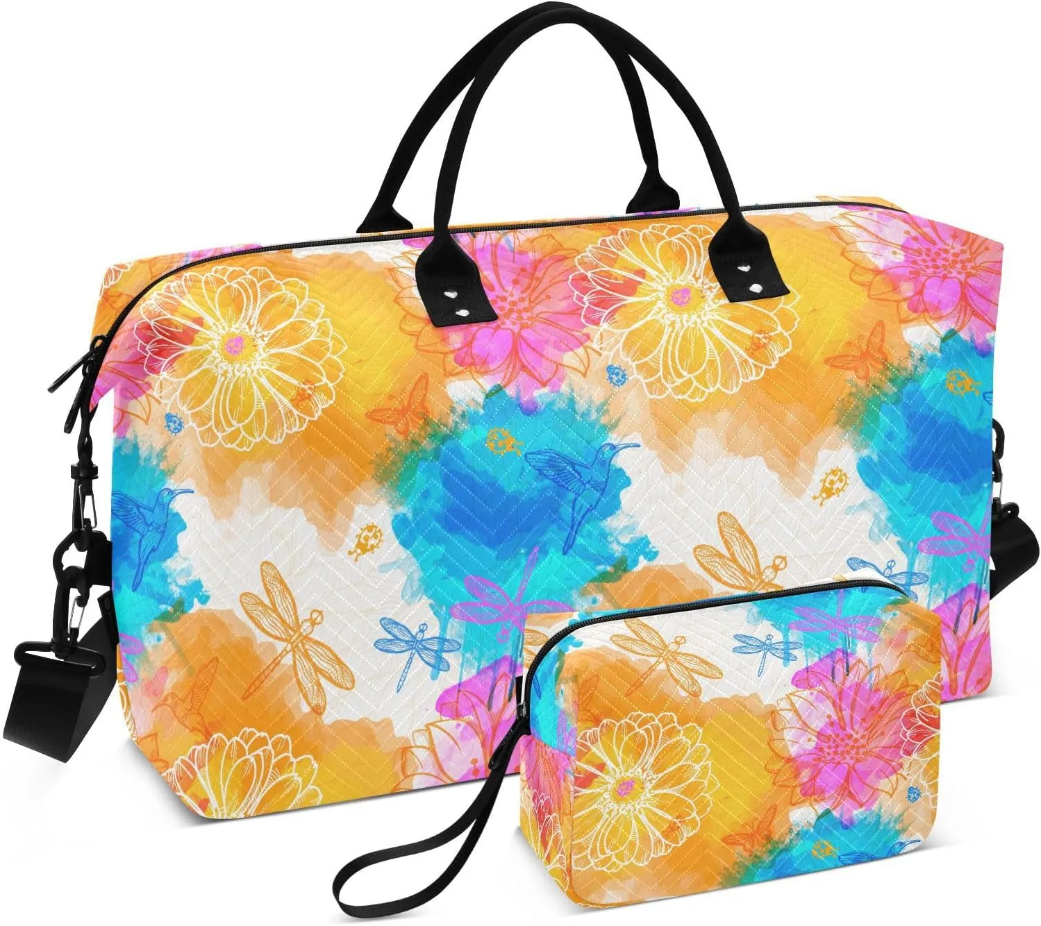 VIGTRO Travel Duffel Bag Weekender Overnight Bag with Toiletry Bag Abstract Abstract Flowers Butterflies Birdsof Watercolors Of Flowers Butterflies Birds Dragonflies and Beetles Printed, Carry On L
