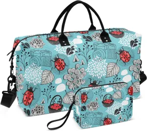 VIGTRO Travel Duffel Bag Weekender Overnight Bag with Toiletry Bag Autumn Bugs Berries Beetles Green Printed, Carry On Luggage Bag for Hospital Gym Travel Business, 2 Pcs Set