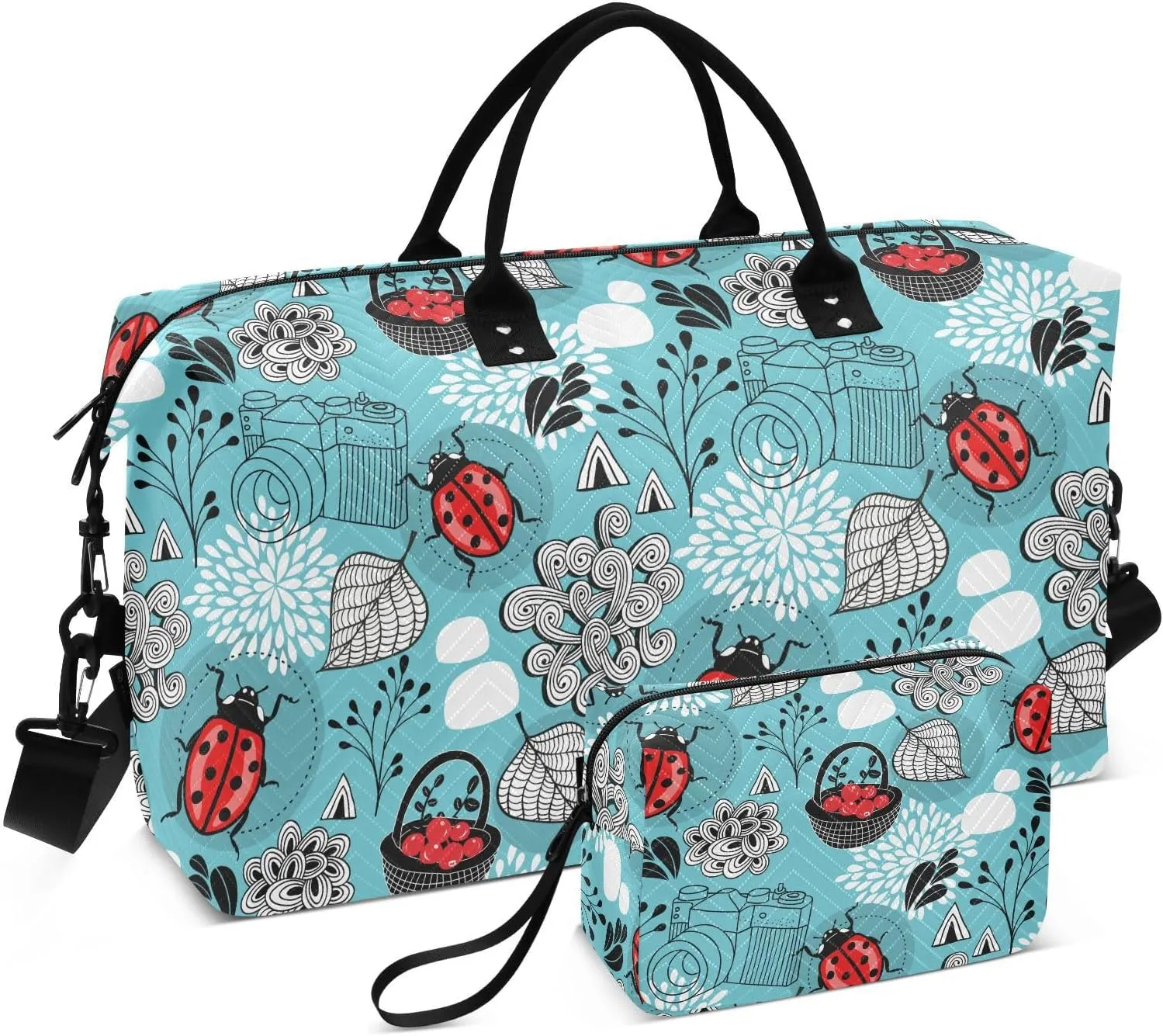 VIGTRO Travel Duffel Bag Weekender Overnight Bag with Toiletry Bag Autumn Bugs Berries Beetles Green Printed, Carry On Luggage Bag for Hospital Gym Travel Business, 2 Pcs Set