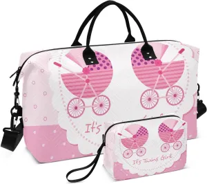 VIGTRO Travel Duffel Bag Weekender Overnight Bag with Toiletry Bag Baby Girls Twins Printed, Carry On Luggage Bag Welcome Home for Hospital Gym Travel Business, 2 Pcs Set