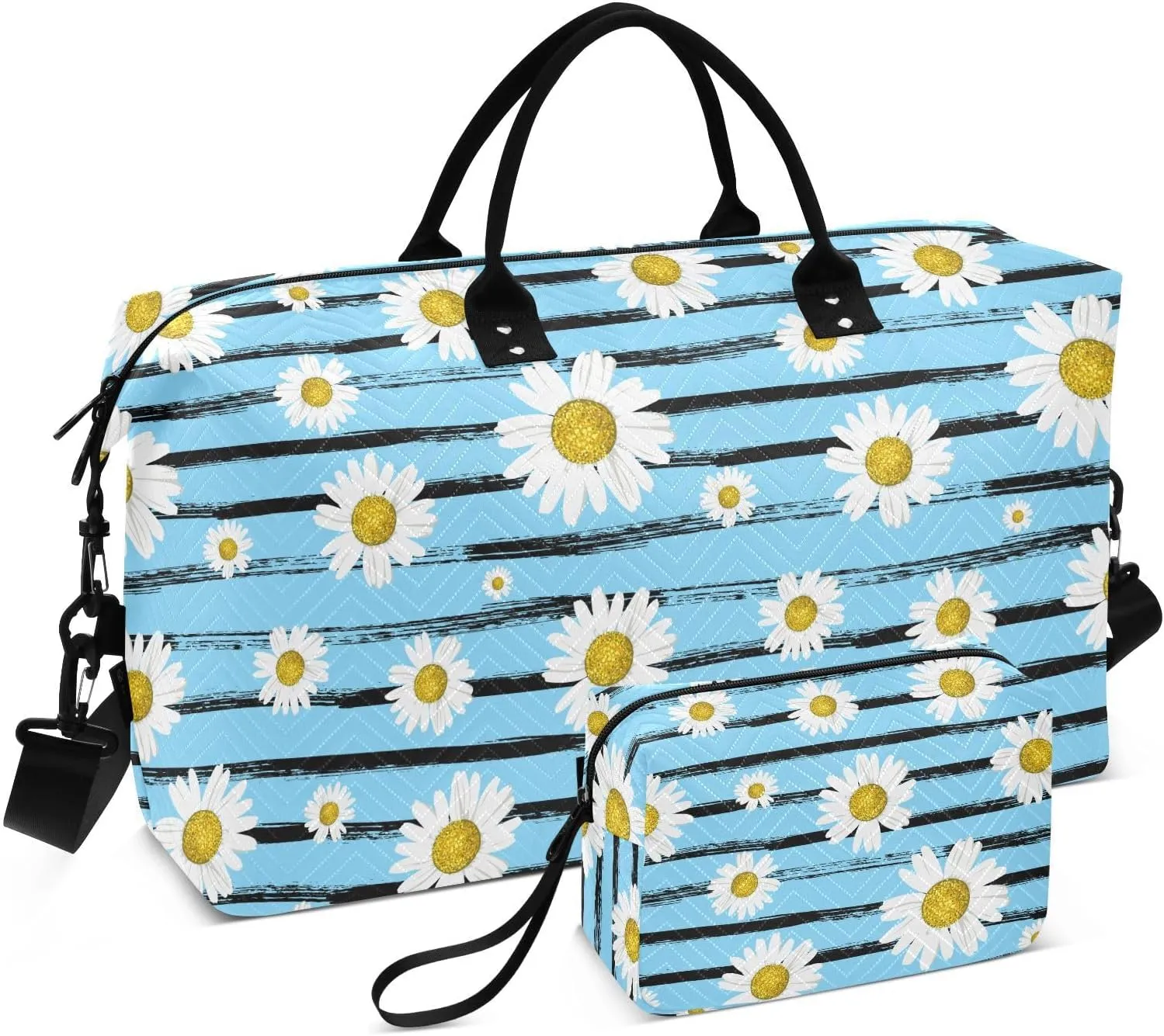 VIGTRO Travel Duffel Bag Weekender Overnight Bag with Toiletry Bag Beautiful White Daisies Printed, Carry On Luggage Bag Strip for Hospital Gym Travel Business, 2 Pcs Set