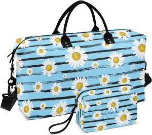 VIGTRO Travel Duffel Bag Weekender Overnight Bag with Toiletry Bag Beautiful White Daisies Printed, Carry On Luggage Bag Strip for Hospital Gym Travel Business, 2 Pcs Set