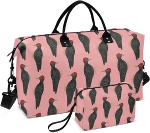 VIGTRO Travel Duffel Bag Weekender Overnight Bag with Toiletry Bag Black Woodpecker Pink Background Printed, Carry On Luggage Bag for Hospital Gym Travel Business, 2 Pcs Set
