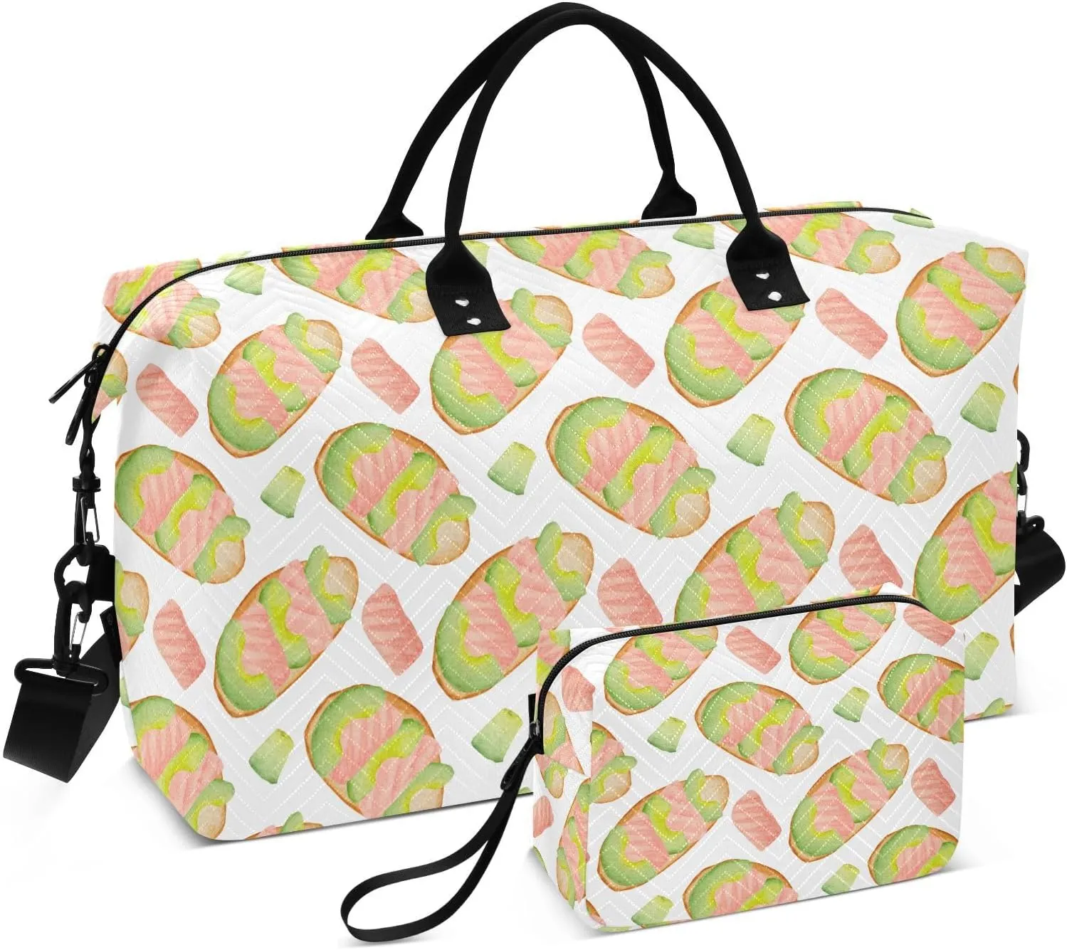 VIGTRO Travel Duffel Bag Weekender Overnight Bag with Toiletry Bag Breakfast Salmon Avocado Slices Printed, Carry On Luggage Bag for Hospital Gym Travel Business, 2 Pcs Set