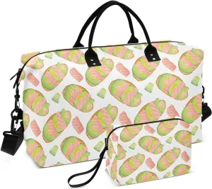 VIGTRO Travel Duffel Bag Weekender Overnight Bag with Toiletry Bag Breakfast Salmon Avocado Slices Printed, Carry On Luggage Bag for Hospital Gym Travel Business, 2 Pcs Set