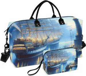 VIGTRO Travel Duffel Bag Weekender Overnight Bag with Toiletry Bag Bright Steamship Lighthouse Printed, Carry On Luggage Bag City Landscape for Hospital Gym Travel Business, 2 Pcs Set