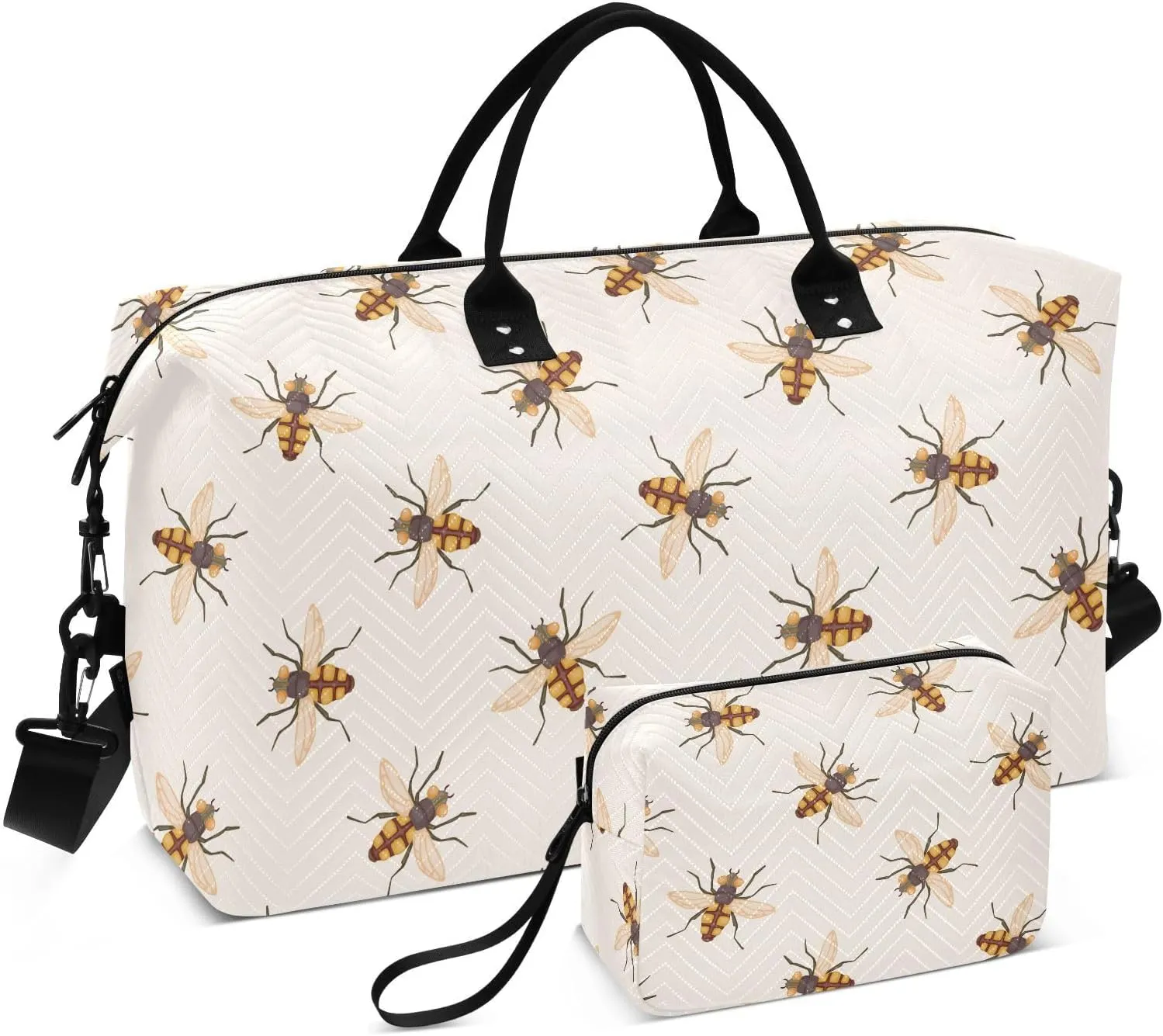 VIGTRO Travel Duffel Bag Weekender Overnight Bag with Toiletry Bag Bug Mosquito Cartoon Printed, Carry On Luggage Bag for Hospital Gym Travel Business, 2 Pcs Set