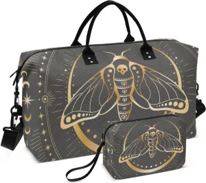 VIGTRO Travel Duffel Bag Weekender Overnight Bag with Toiletry Bag Butterfly with A Skull Printed, Carry On Luggage Bag for Hospital Gym Travel Business, 2 Pcs Set