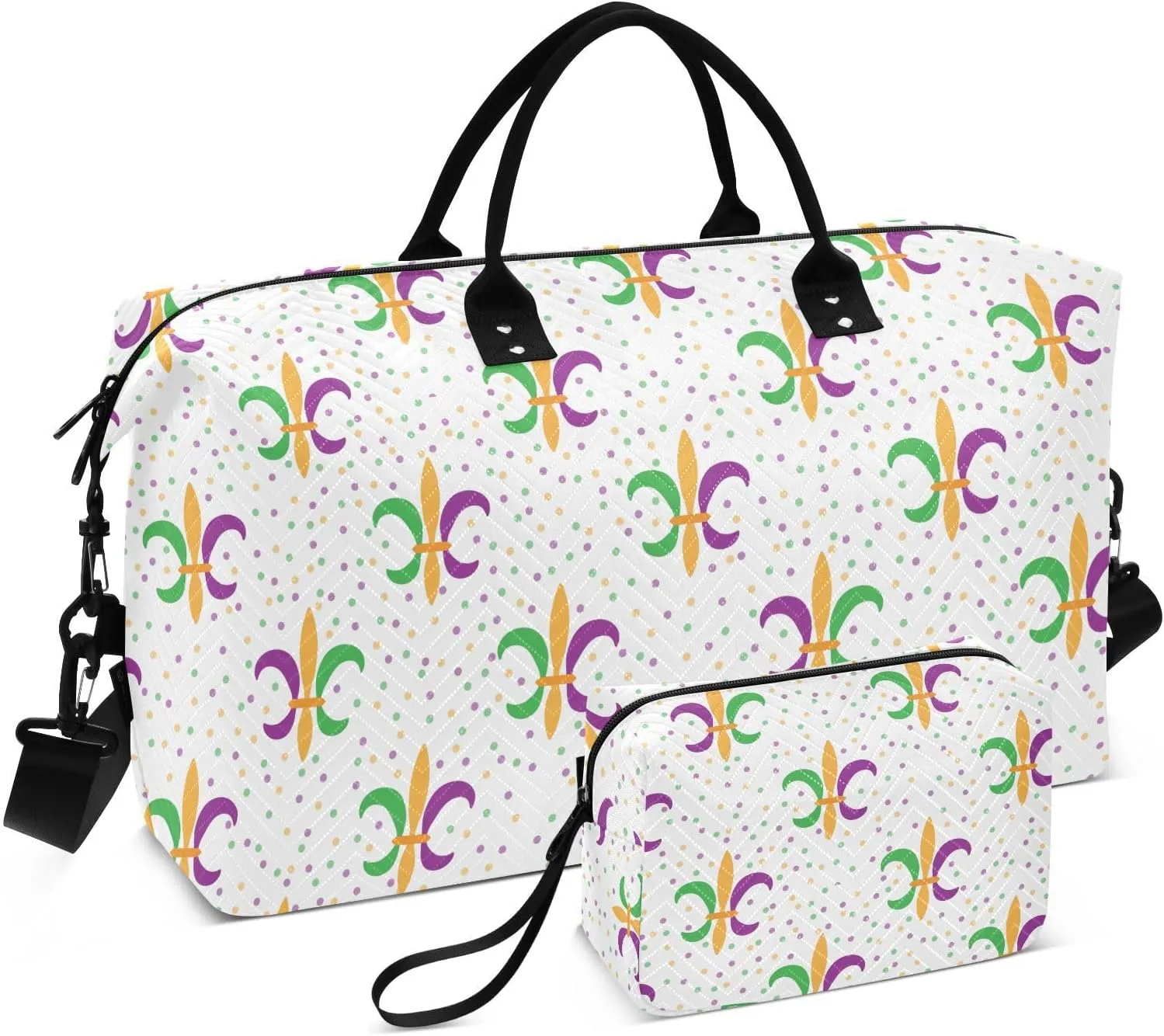VIGTRO Travel Duffel Bag Weekender Overnight Bag with Toiletry Bag Carnival with Fleur-de-lis Printed, Carry On Luggage Bag Mardi Gras for Hospital Gym Travel Business, 2 Pcs Set