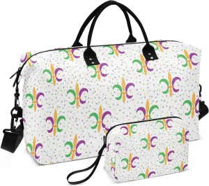 VIGTRO Travel Duffel Bag Weekender Overnight Bag with Toiletry Bag Carnival with Fleur-de-lis Printed, Carry On Luggage Bag Mardi Gras for Hospital Gym Travel Business, 2 Pcs Set