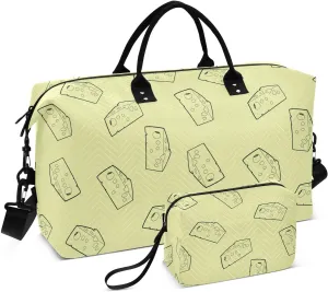VIGTRO Travel Duffel Bag Weekender Overnight Bag with Toiletry Bag Cartoon Cheese Pattern Printed, Carry On Luggage Bag for Hospital Gym Travel Business, 2 Pcs Set