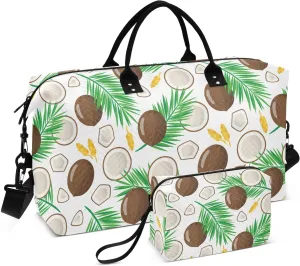 VIGTRO Travel Duffel Bag Weekender Overnight Bag with Toiletry Bag Coconut Exotic Fruits Printed, Carry On Luggage Bag for Hospital Gym Travel Business, 2 Pcs Set
