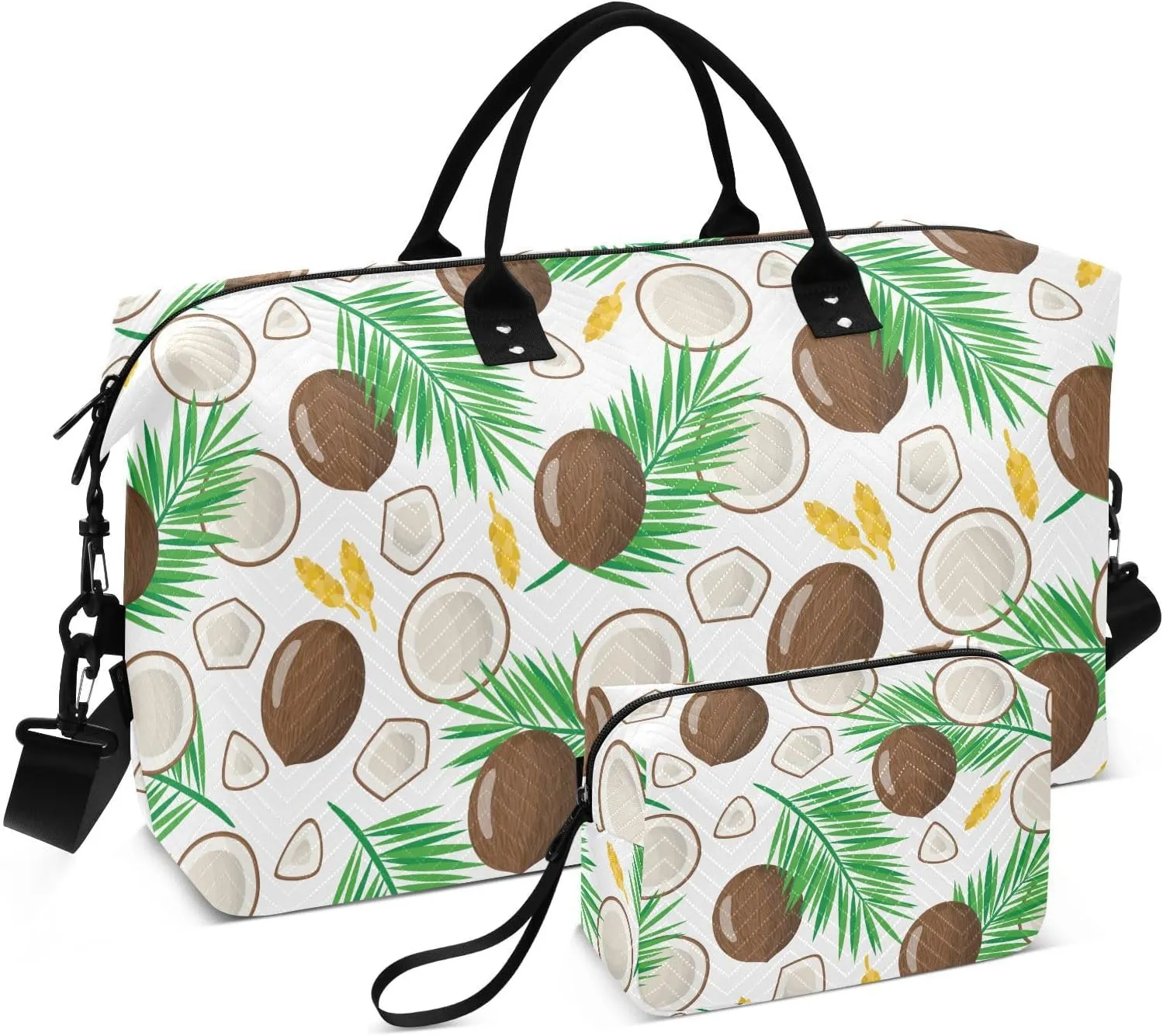VIGTRO Travel Duffel Bag Weekender Overnight Bag with Toiletry Bag Coconut Exotic Fruits Printed, Carry On Luggage Bag for Hospital Gym Travel Business, 2 Pcs Set